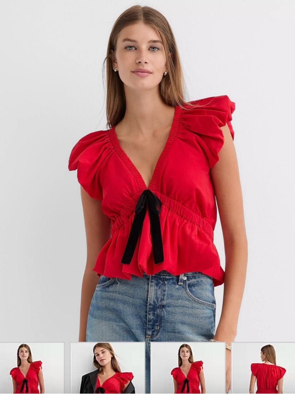 LOFT Red Ruffle V-Neck Tie-Front Top with Black Bow